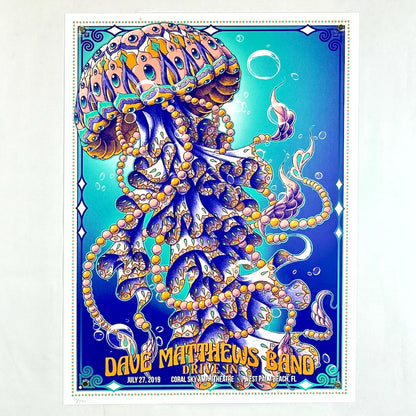 Colorful poster of a jellyfish with 'Dave Matthews Band' text on a blue background