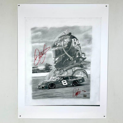 Black and white illustration of a race car driver wearing a helmet with 'Budweiser' branding, signed by Dale Earnhardt Jr.