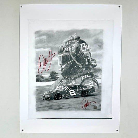 Black and white illustration of a race car driver wearing a helmet with 'Budweiser' branding, signed by Dale Earnhardt Jr.
