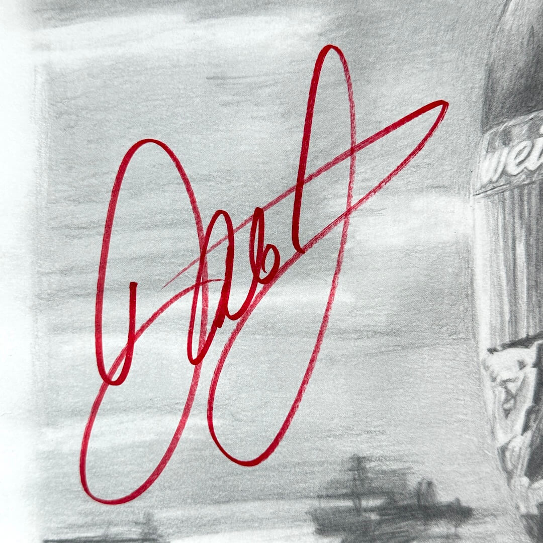 Red signature on a black and white background with a blurred image of a person and text.