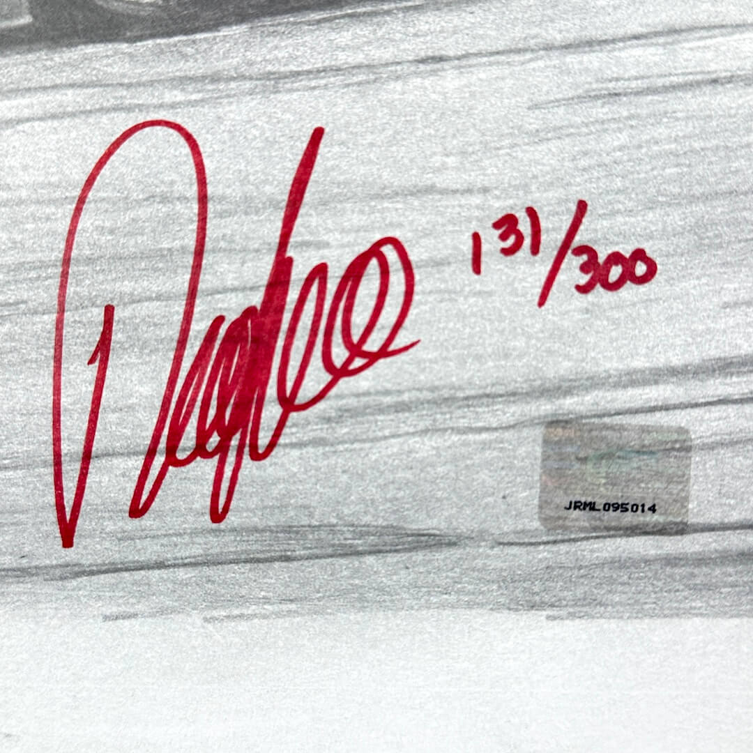 Red signature and number '131/300' on a textured gray background