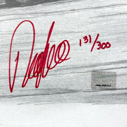 Red signature and number '131/300' on a textured gray background