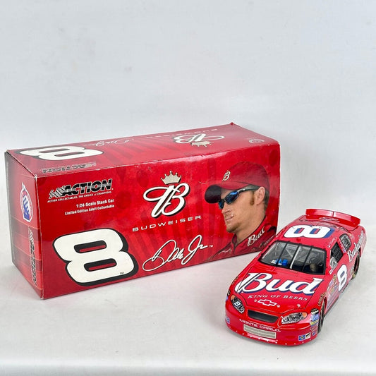 Budweiser racing car model with packaging on a white background
