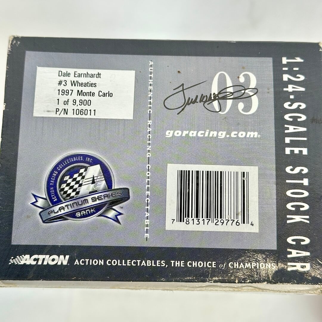 Back of a model car packaging with branding and product details.