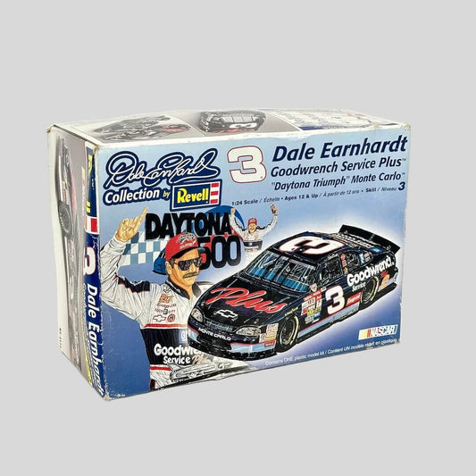 Model car kit packaging featuring Dale Earnhardt and Goodwrench branding on a white background