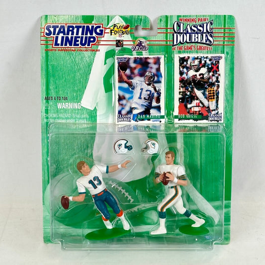 Starting Lineup football action figure set in packaging with cards on a white background
