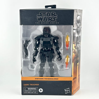 Star Wars The Black Series Dark Trooper action figure in original window box packaging, featuring the black armored figure.