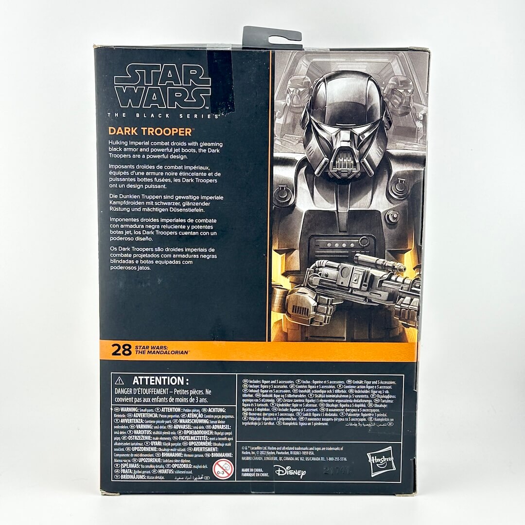 Star Wars The Black Series Dark Trooper action figure box back view, showing character artwork, & product details.