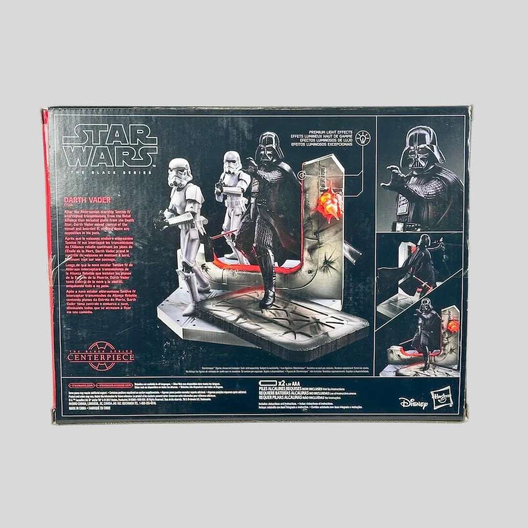 Star Wars The Black Series Darth Vader Figure Box Set, showing the back of the retail packaging with product illustrations.