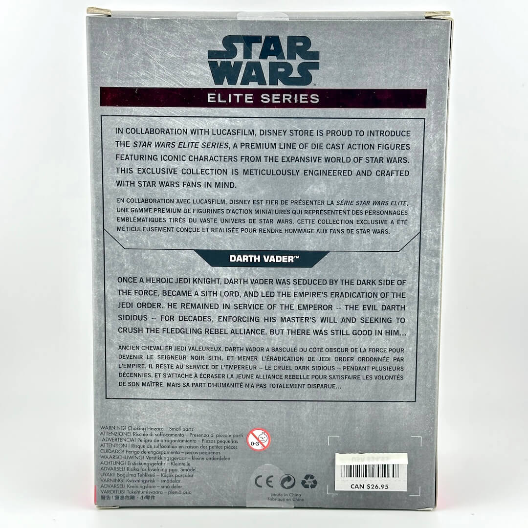 The back of a Star Wars Elite Series Darth Vader toy box, showing product information, & character lore.
