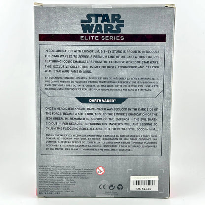 The back of a Star Wars Elite Series Darth Vader toy box, showing product information, & character lore.