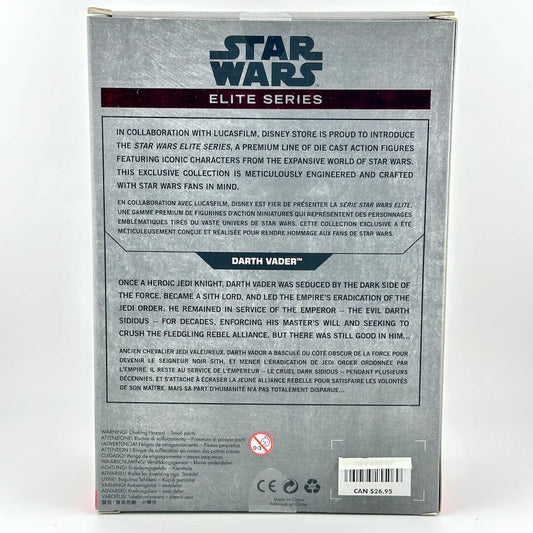 The back of a Star Wars Elite Series Darth Vader toy box, showing product information, & character lore.