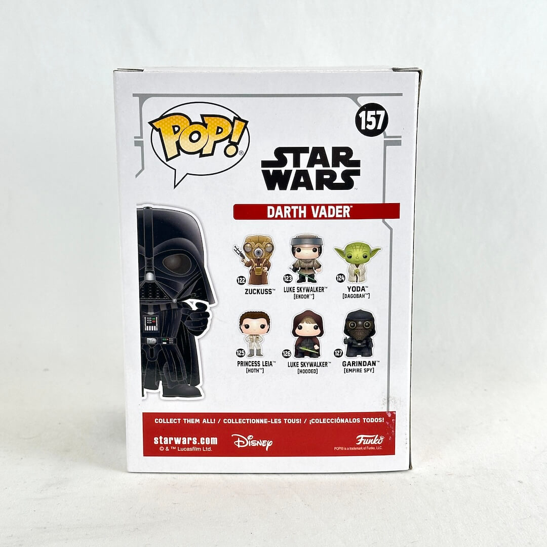 Star Wars Darth Vader Funko Pop! vinyl figure box, number 157, showing other available figures. 