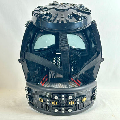 Back view of helmet without top piece showing interior of mask and all the intricate details. 