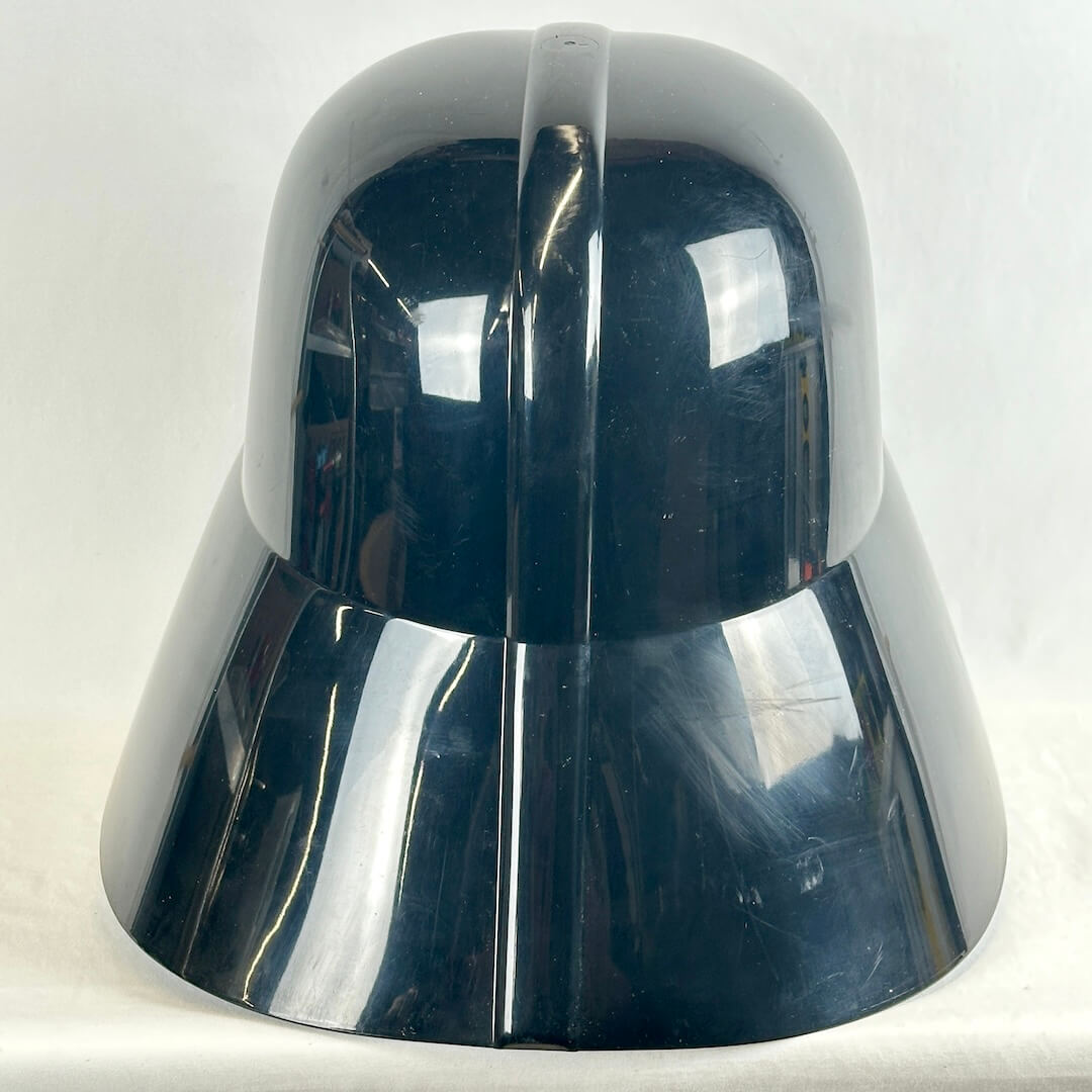 A glossy black Darth Vader helmet replica shown from the back against a plain white background.