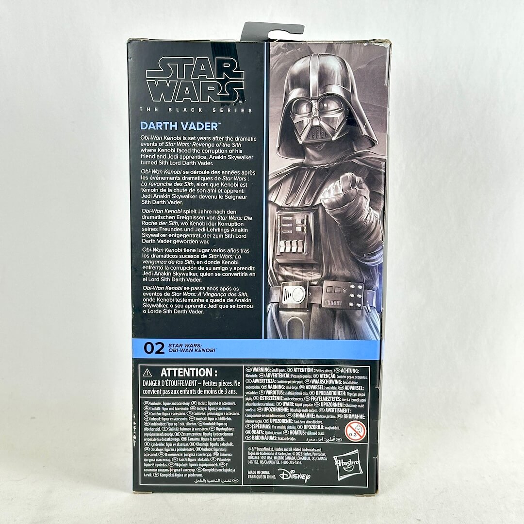 Star Wars The Black Series Darth Vader action figure box, showing the back panel with character artwork, & product details.