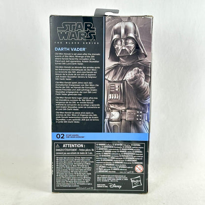 Star Wars The Black Series Darth Vader action figure box, showing the back panel with character artwork, & product details.