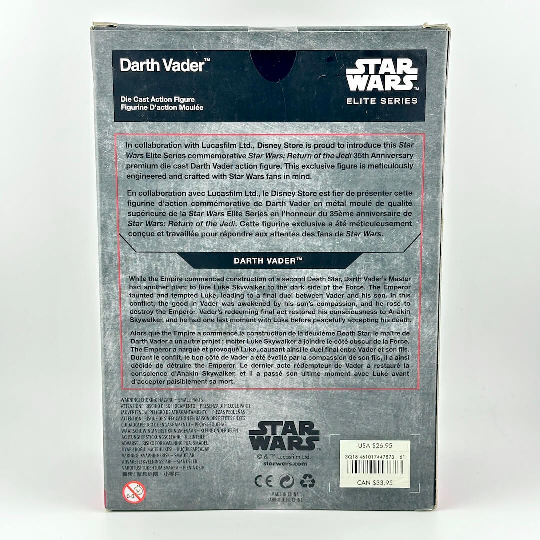 Back of a Star Wars Elite Series Darth Vader action figure box, showing product details, collaboration text, and barcode.