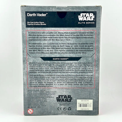 Back of a Star Wars Elite Series Darth Vader action figure box, showing product details, collaboration text, and barcode.