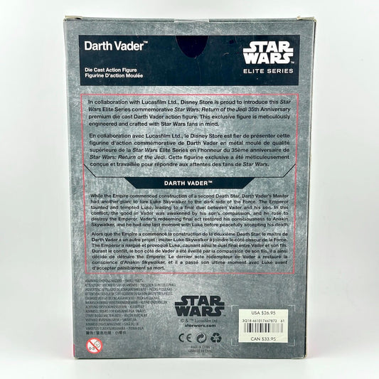 Back of a Star Wars Elite Series Darth Vader action figure box, showing product details, collaboration text, and barcode.