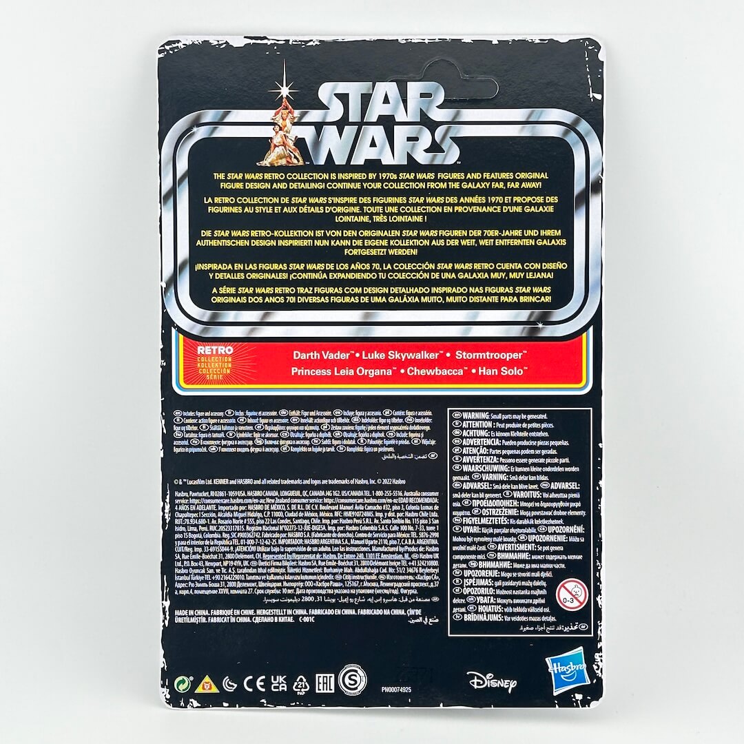 Back of a Star Wars action figure blister card package, showing product details, descriptions, and logos.