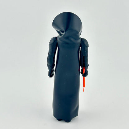 Toy figure of a character in a black robe with a red lightsaber on a white background