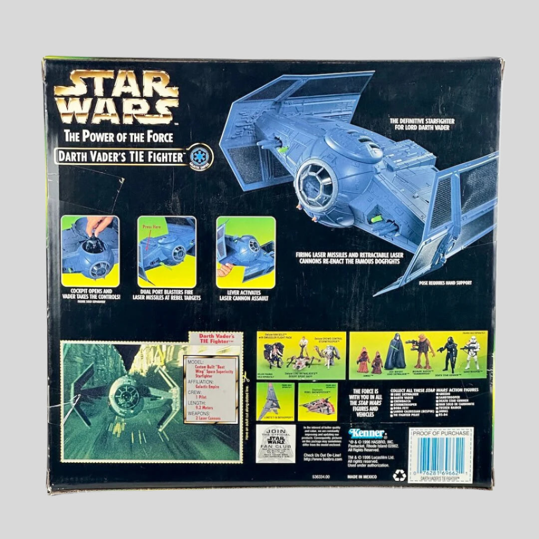 Back of a Star Wars Darth Vader's TIE Fighter toy box with illustrations and text.