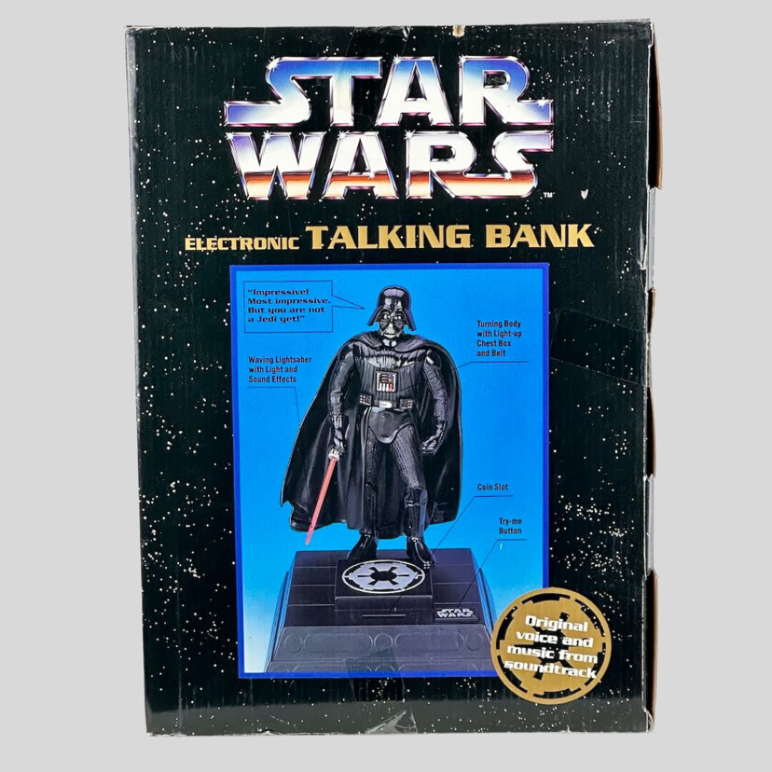 Box for a Star Wars electronic talking bank with Darth Vader figure on a white background