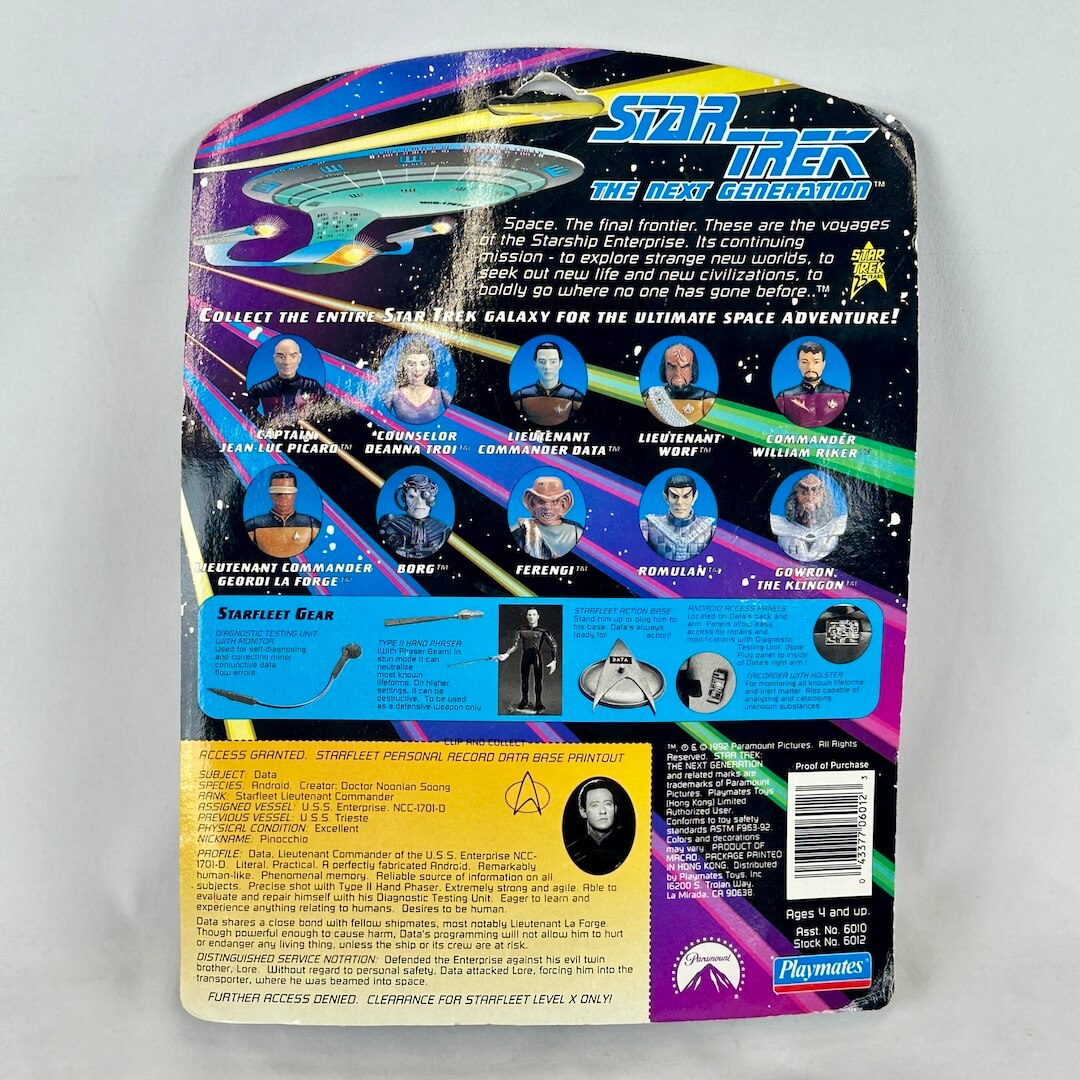 Back of a Star Trek toy packaging with character illustrations and text.