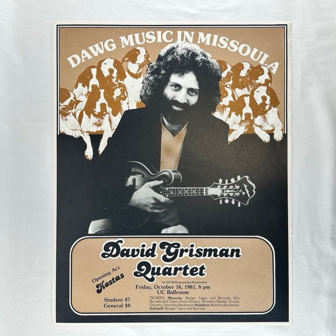 David Grisman holding guitar in center with brown and white dogs surrounding him. Below has concert information.