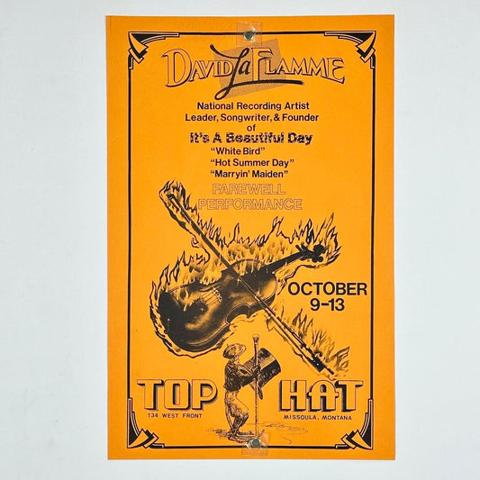 Orange poster with black print and illustrations for David La Flamme concert in Missoula, Montana. 