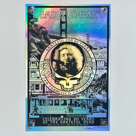 Poster for Dead & Company celebrating 60 years of the Grateful Dead with a colorful foil background.