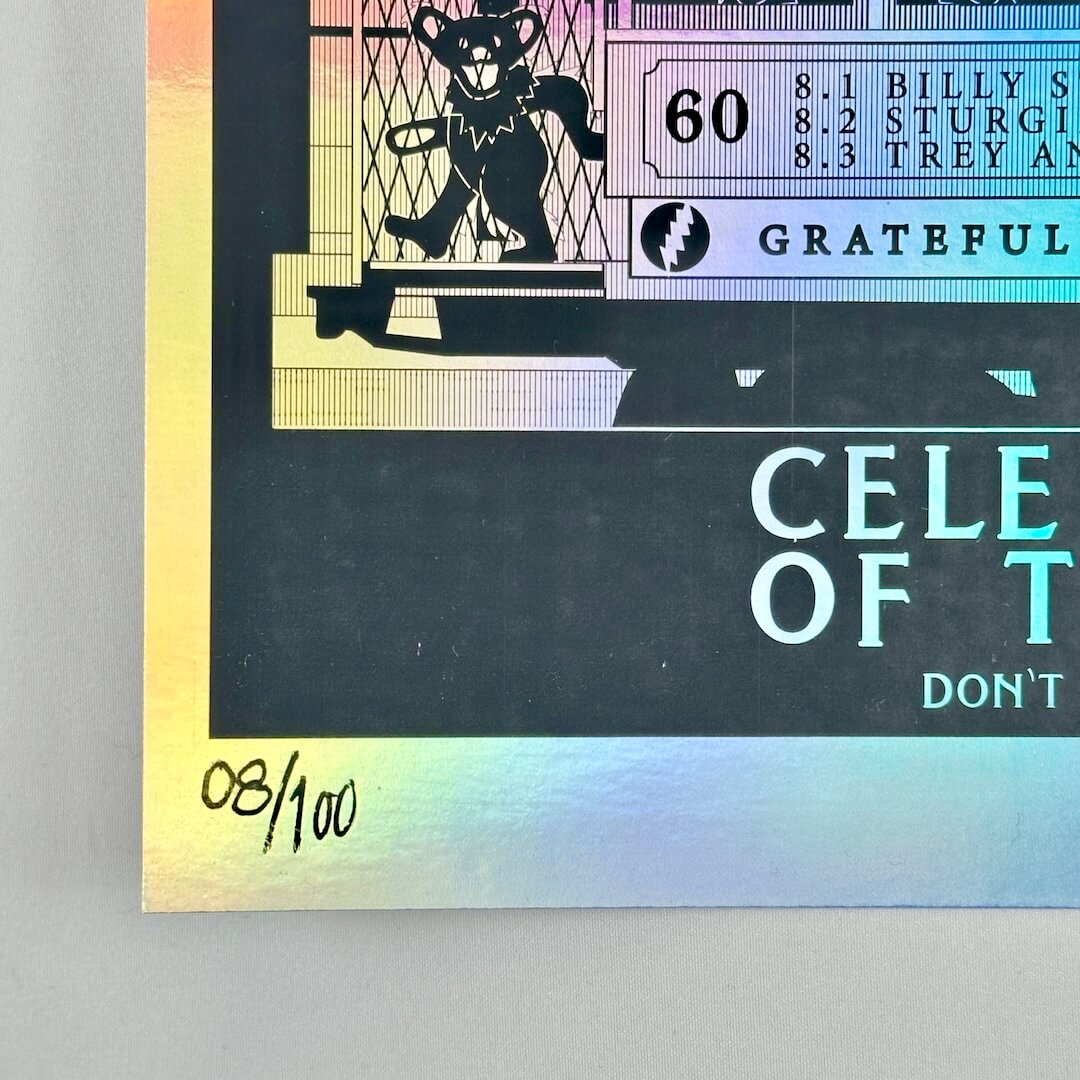 Bottom left corner of poster undamaged edges and corner, poster number in black marker below design. 
