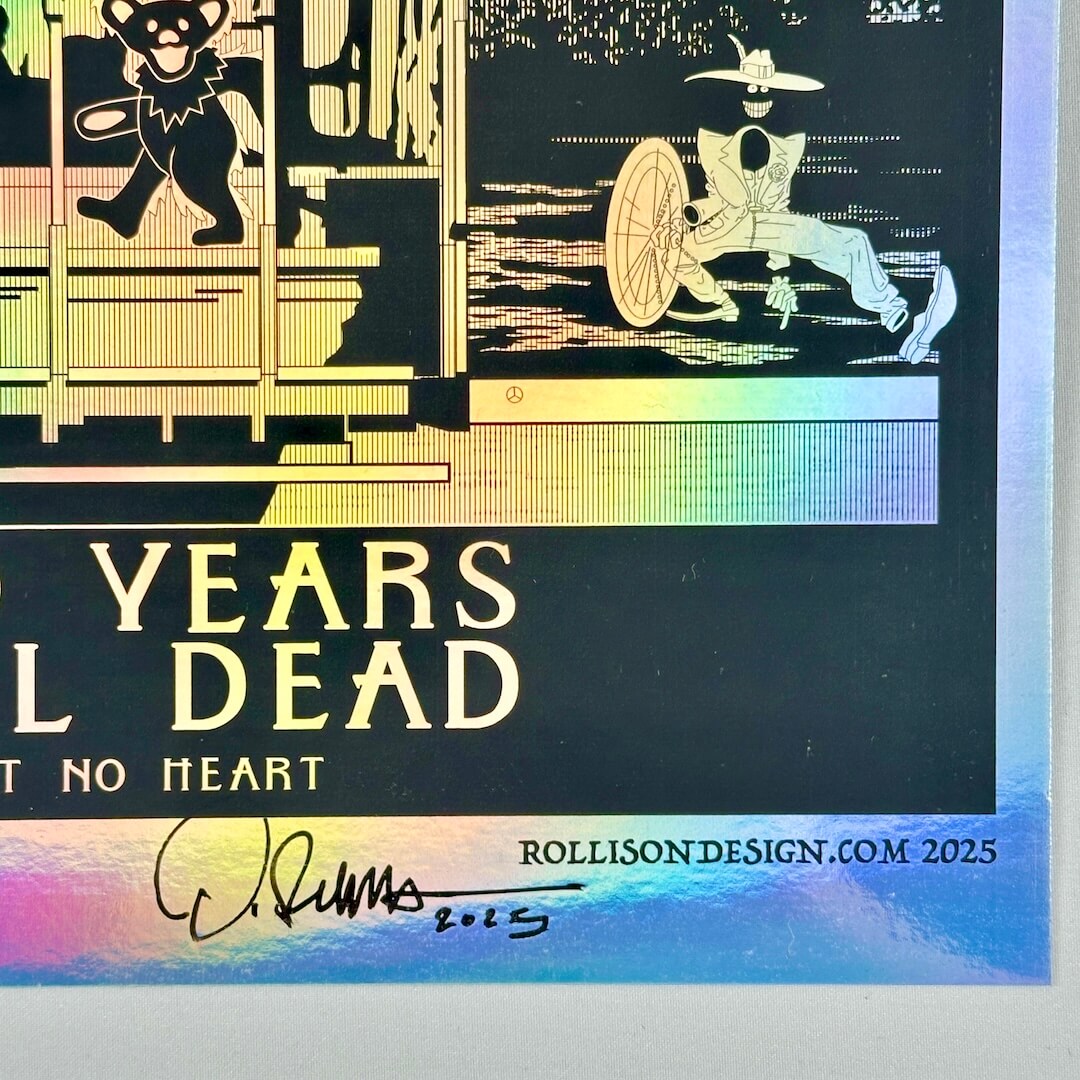Artistic design with text 'YEARS L DEAD' and a signature, featuring a colorful gradient background.