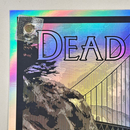 Colorful background poster with 'DEAD' text and a silhouette of the golden gate bridge. Top left corner undamaged.