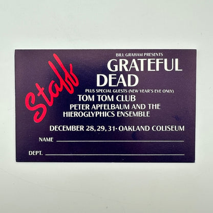 A rectangular purple event ticket for Grateful Dead staff, featuring white and red text.
