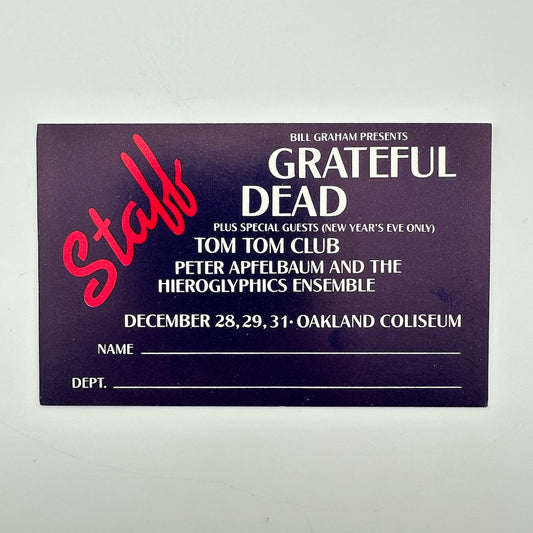 A rectangular purple event ticket for Grateful Dead staff, featuring white and red text.