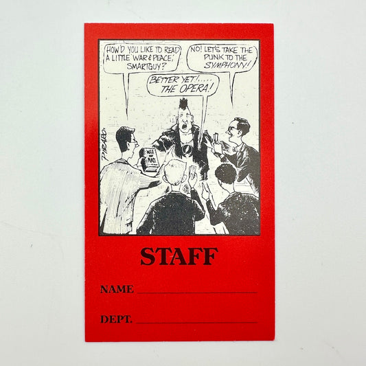 A red novelty staff card featuring a black-and-white cartoon illustration of workers and the word 'STAFF' in bold.
