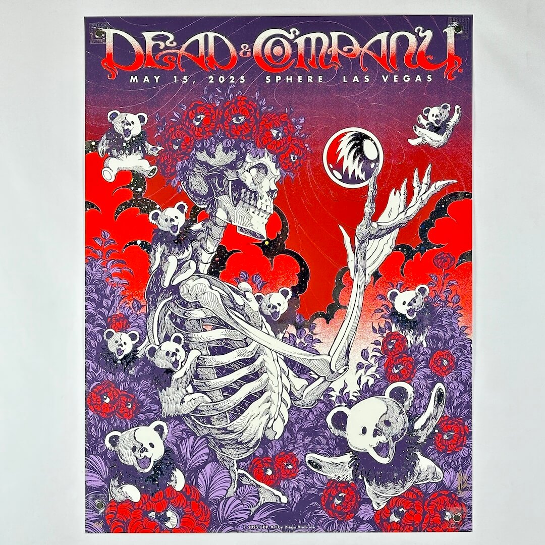 Promotional poster for Dead Company concert featuring a skeleton and bears with a colorful background.