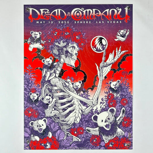 Promotional poster for Dead Company concert featuring a skeleton and bears with a colorful background.