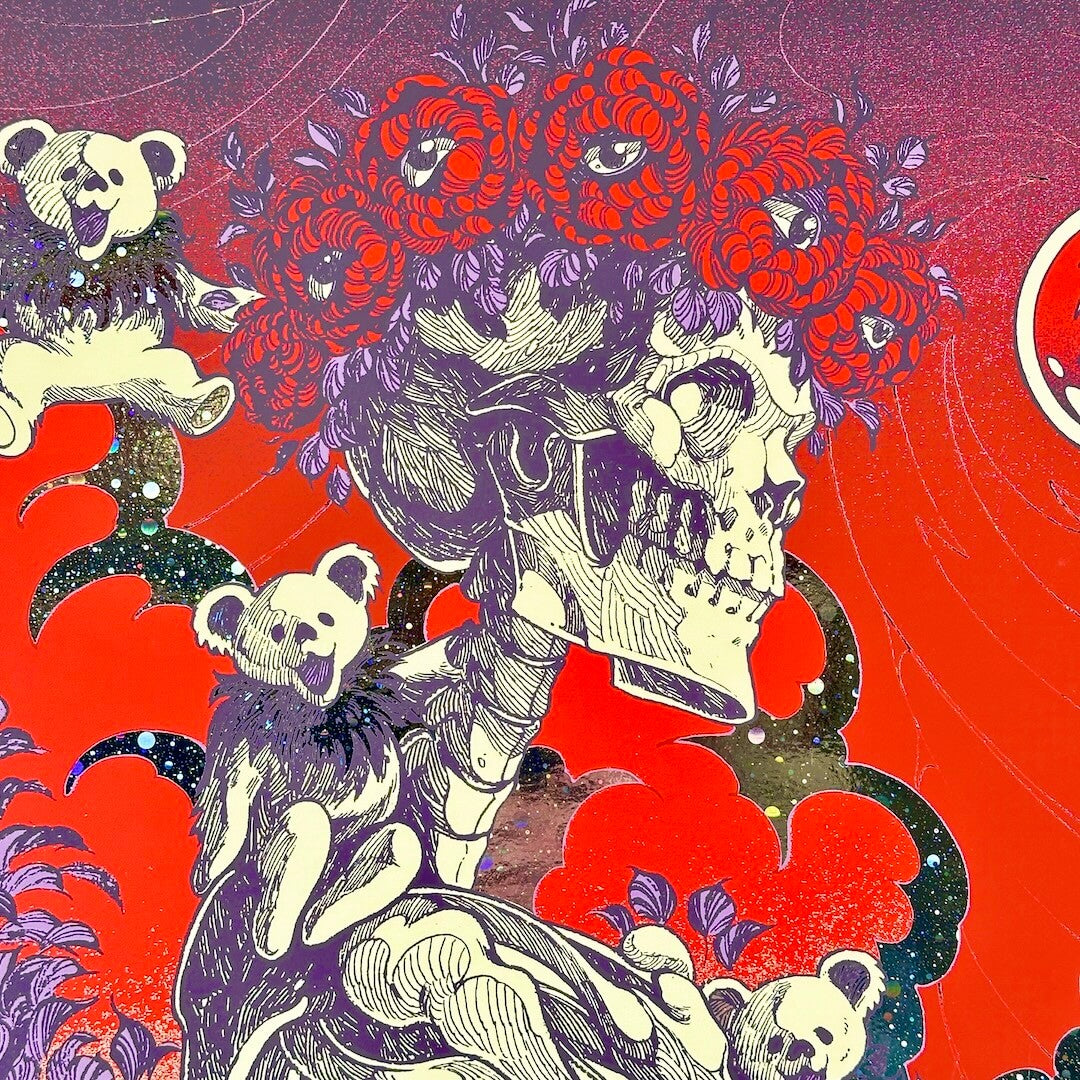 Artistic design with skulls, flowers, and bears on a red and purple background with glitter accents
