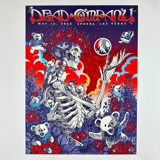 Promotional poster for Dead & Company concert featuring a skeleton and bears with event details.
