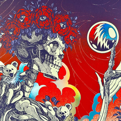Artistic depiction of a skull with floral elements and bears, featuring a colorful background.