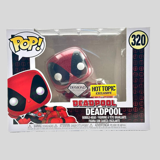 Deadpool figure in packaging with 'Pop!' branding and Hot Topic exclusivity label.