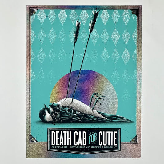 Poster for Death Cab for Cutie concert featuring a stylized bird and geometric design.