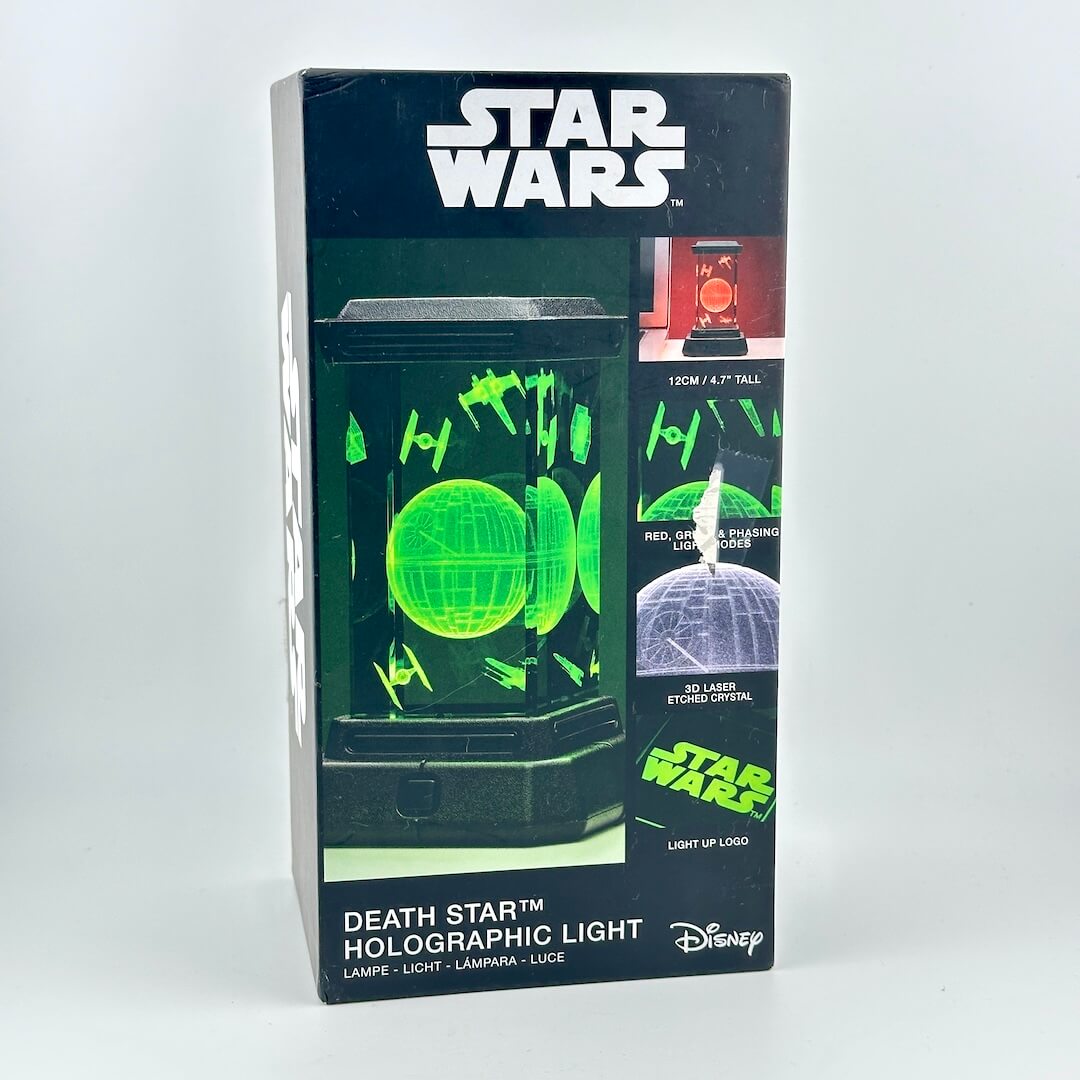 Star Wars Death Star Holographic Light retail box, featuring the Star Wars logo, & product imagery of the glowing Death Star lamp.
