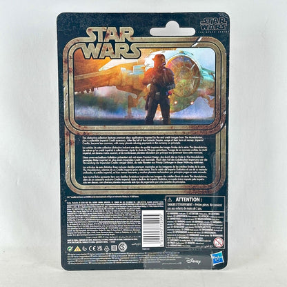 Back of Star Wars action figure packaging showing character art and product details. 