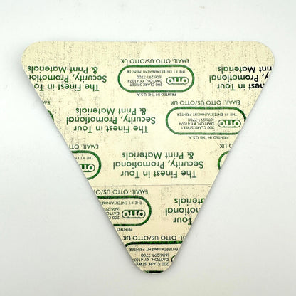 Triangular piece of paper with printed text and a logo on a white background