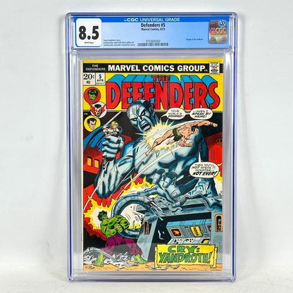 The Defenders comic book with Marvel branding with CGC grading banner encapsulated in plastic. 
