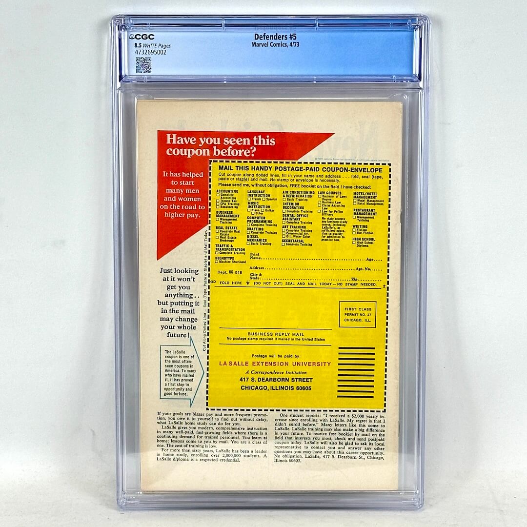 Backside of encapsulated comic book featuring CGC banner an ad for La Salle University. 